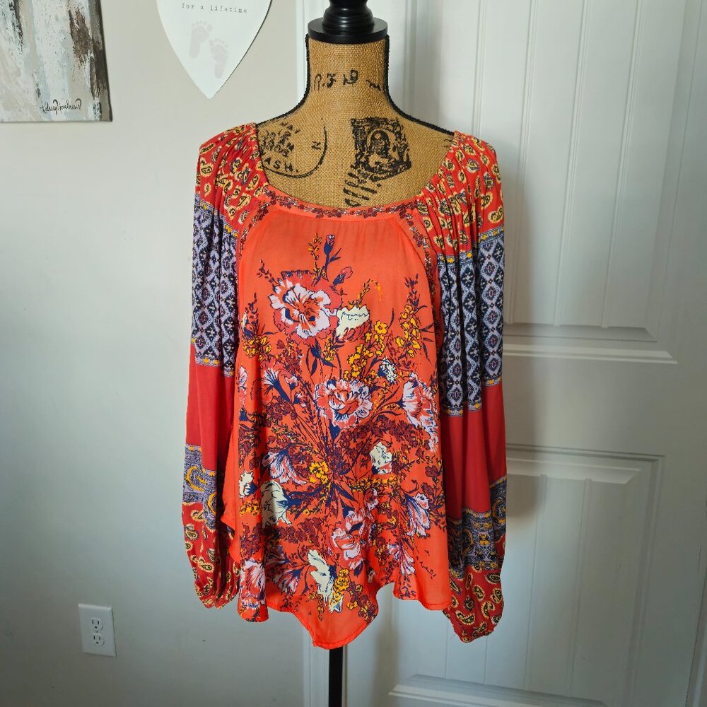 Free People Orange Positano Patchwork Print Blouse Women Size Small